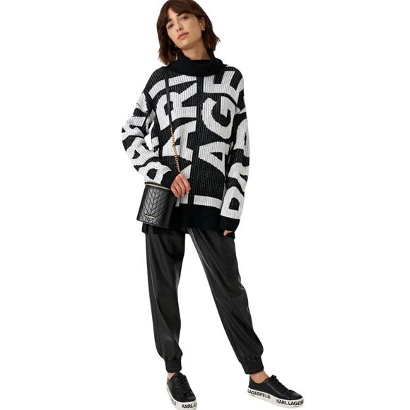 NWT Karl Lagerfeld Women's SMALL Bold LOGO Black White Turtleneck Sweater - Picture 10 of 14